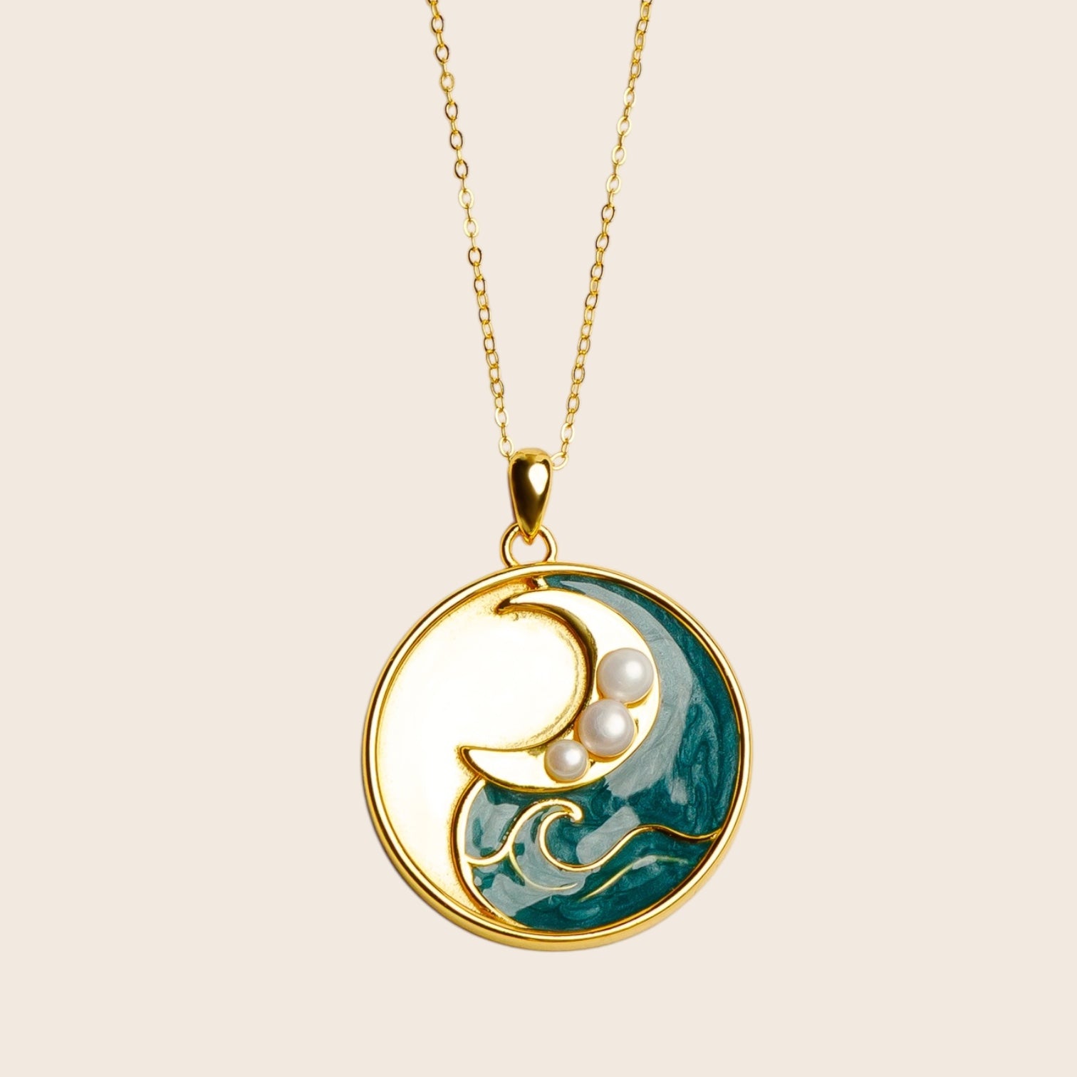 Ocean Dreams – ocean-inspired, handmade blue waves and moon necklace with freshwater pearls – made of 925 silver 18K gold-plated
