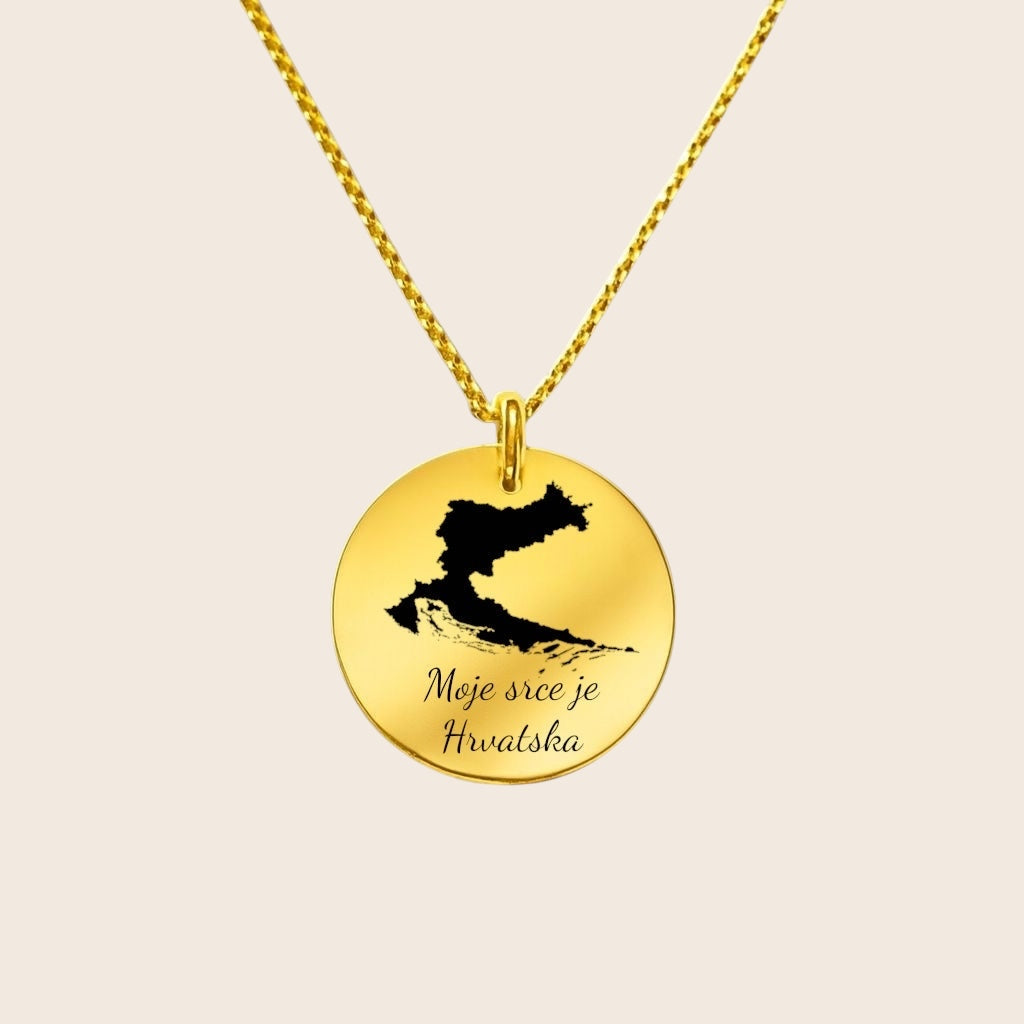 Homeland Jewelry – Croatia map pendant with engraving “Moje srce je Hrvatska” – a symbol of solidarity with Croatia – 925 silver &amp; 18K gold-plated