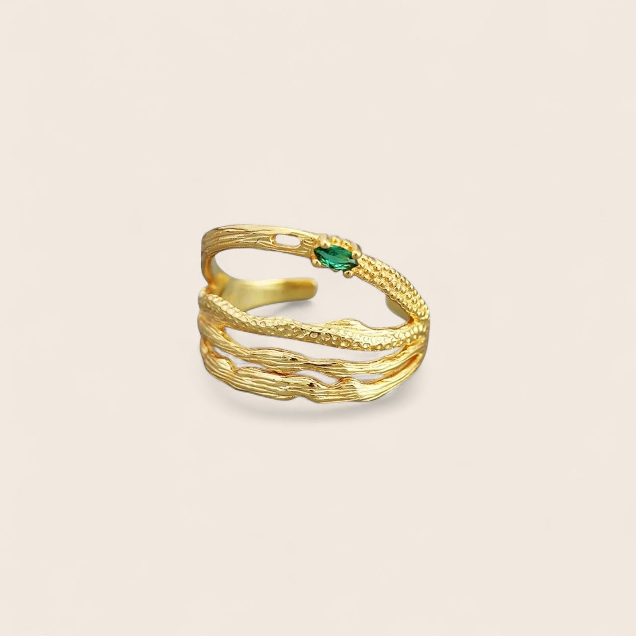 Geometric Emerald – four-row ring with emerald stone made of 925 silver 18K gold-plated