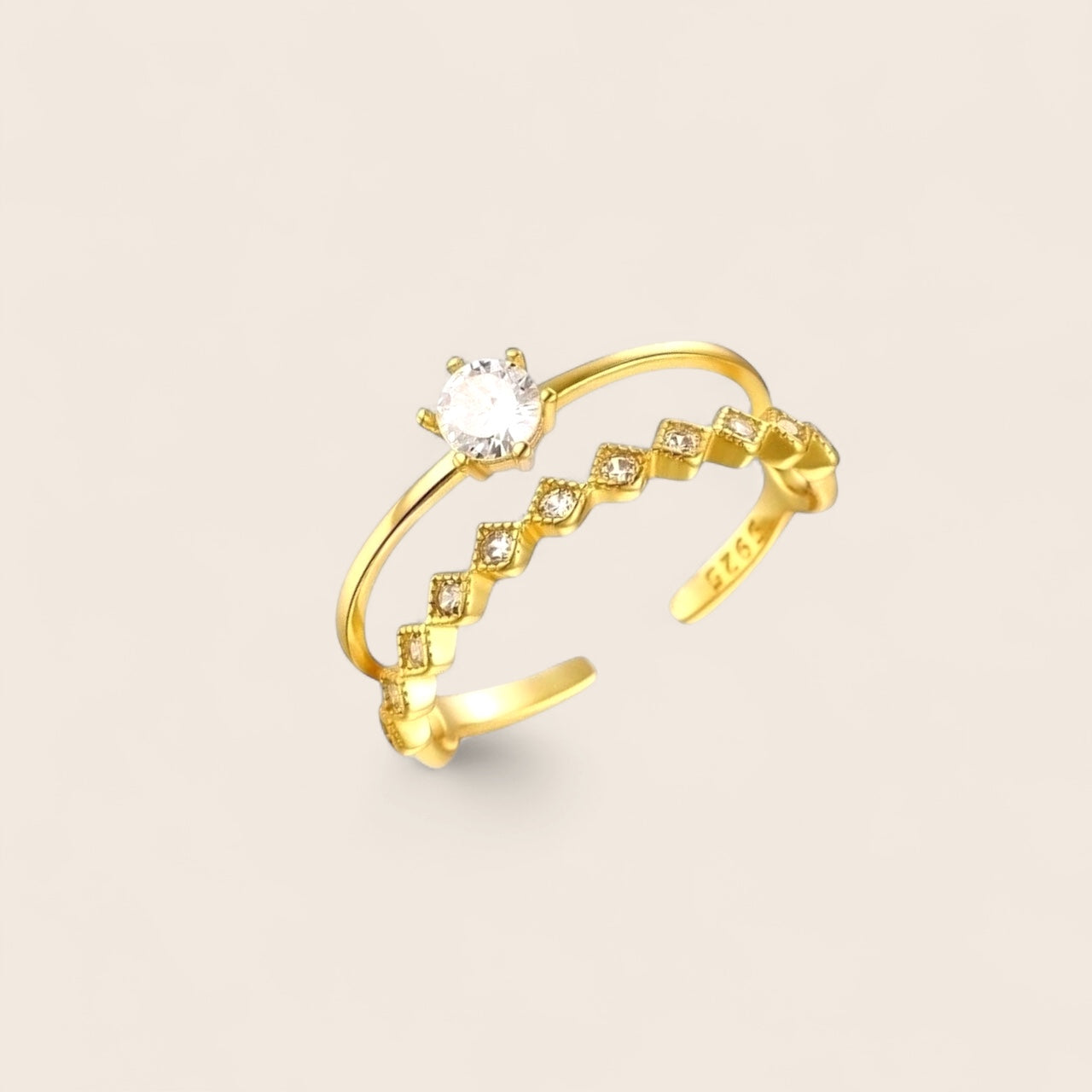 Double-layered zirconia ring made of 925 silver 18K gold-plated