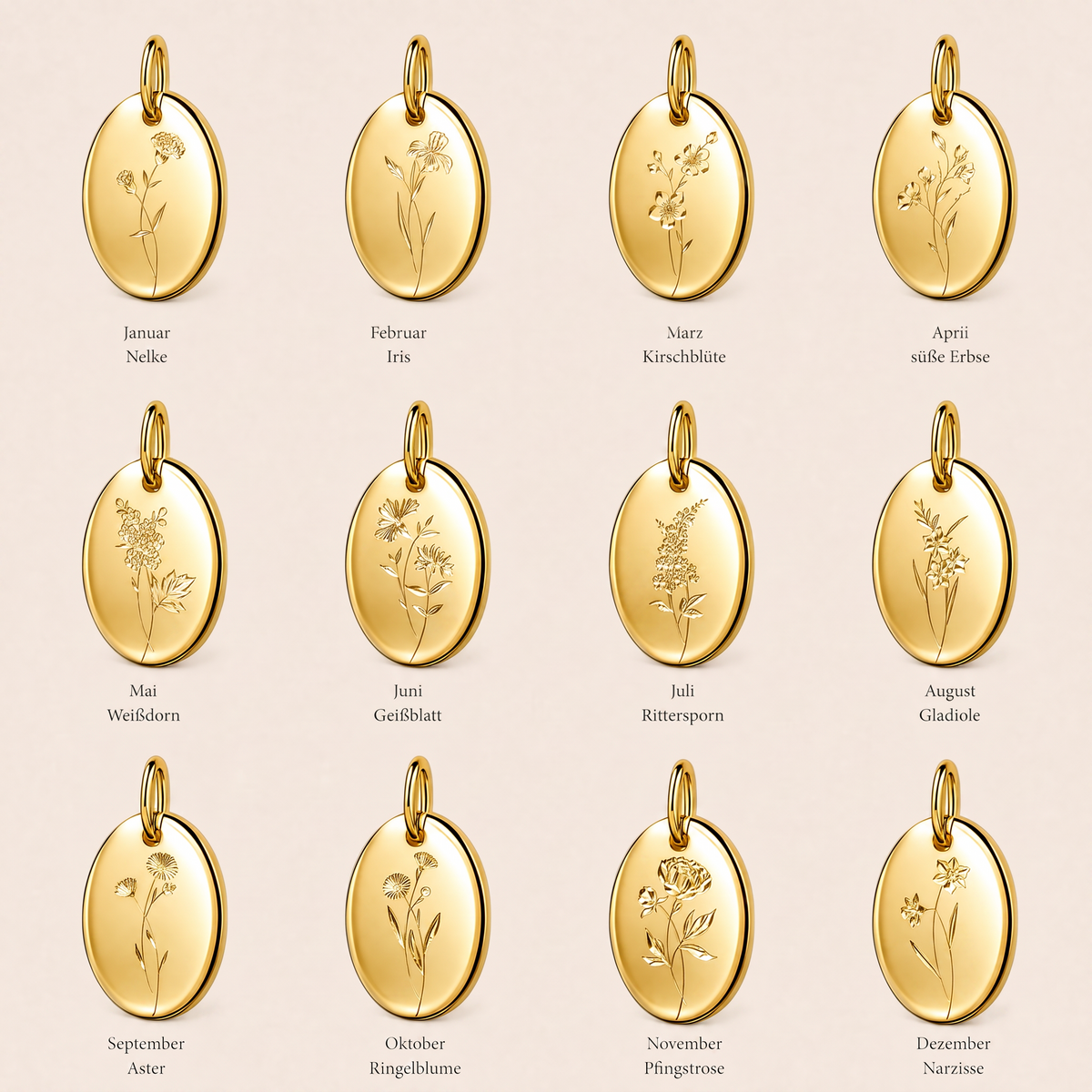 Elarina – Pendentif ovale fleur de naissance en argent 925 ou argent plaqué or – Cadeau personnalisable