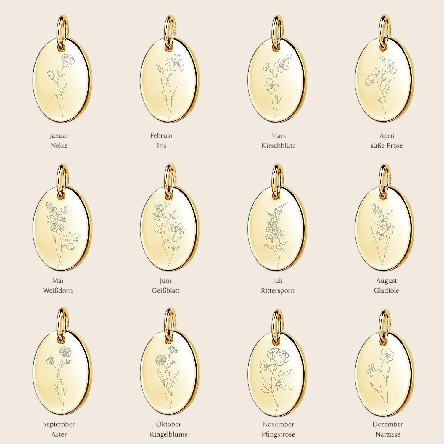 Oval birth flower pendant made of 925 silver or silver gold-plated – engravable gift