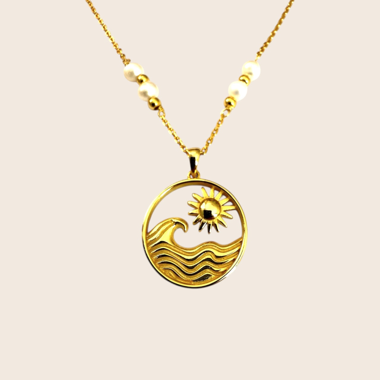A place to be - Sun and waves necklace with genuine freshwater pearl - made of 925 silver 18k gold plated