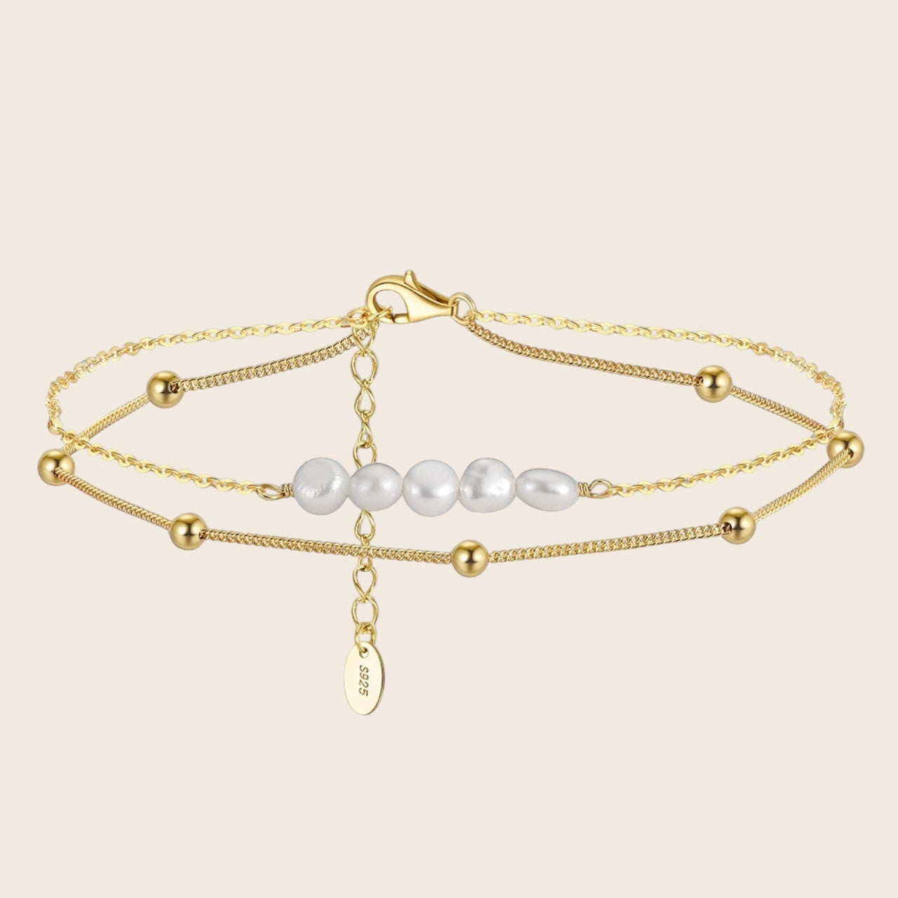 Anklet with ball design and genuine freshwater pearls – 925 silver or 14K gold-plated 925 silver