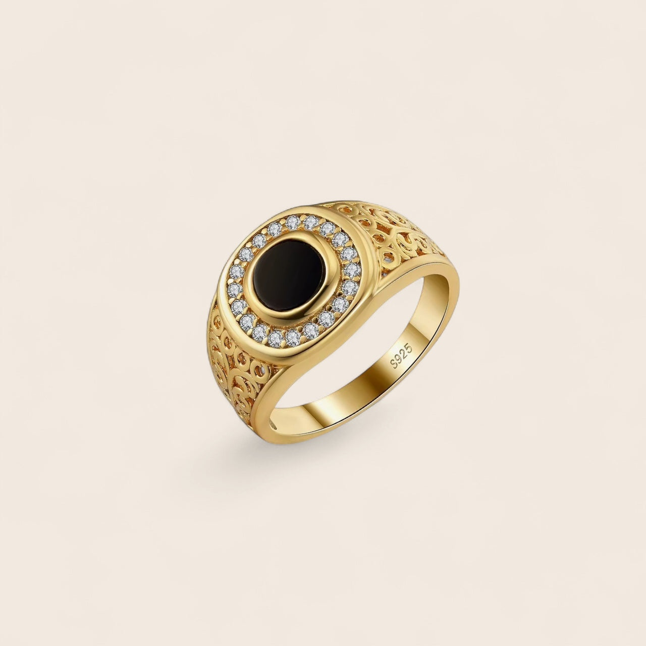 Men's ring with black agate and zirconia – 925 silver, 18K gold-plated, unisex