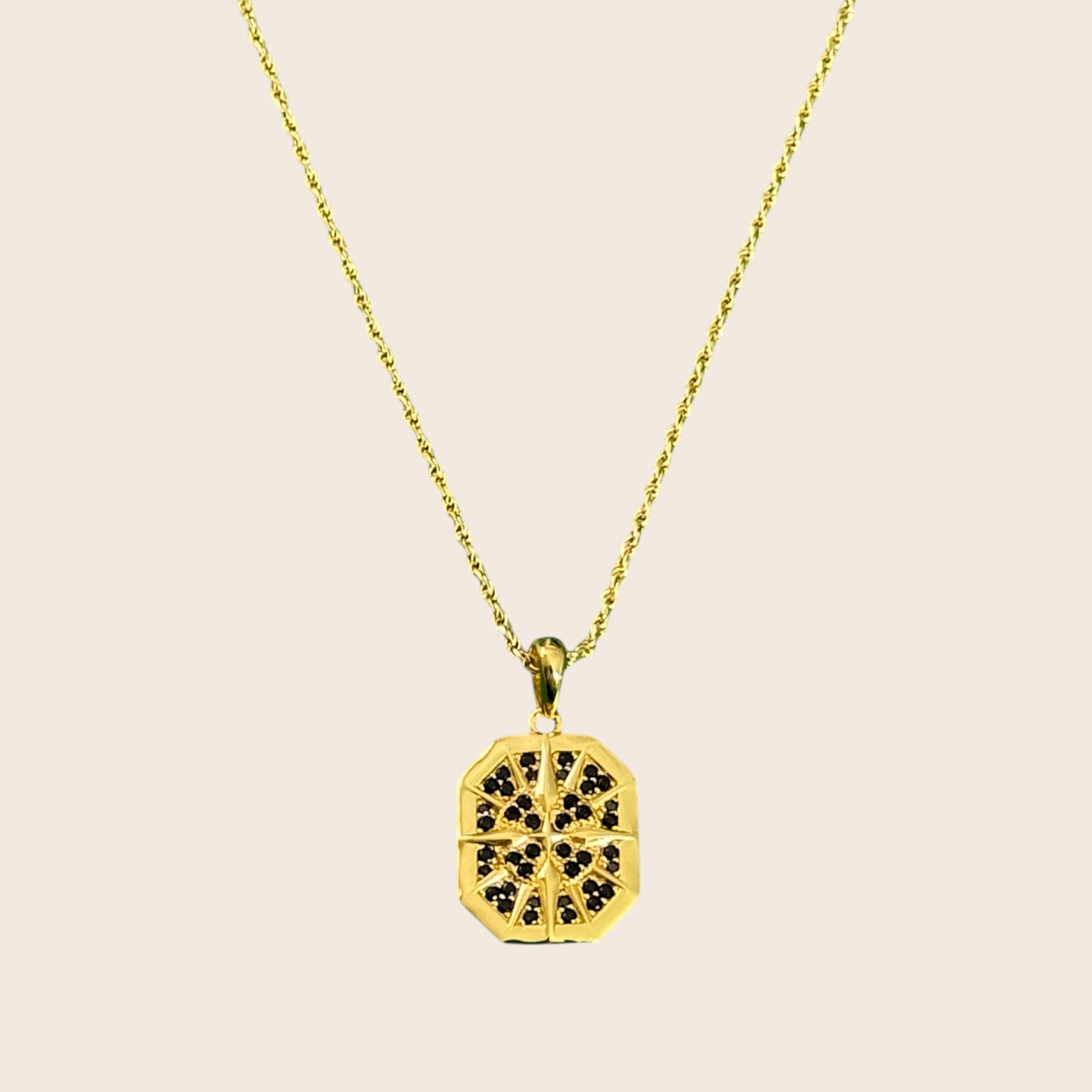 Men's star necklace with zirconia and black stones – 925 silver, 18K gold-plated, unisex