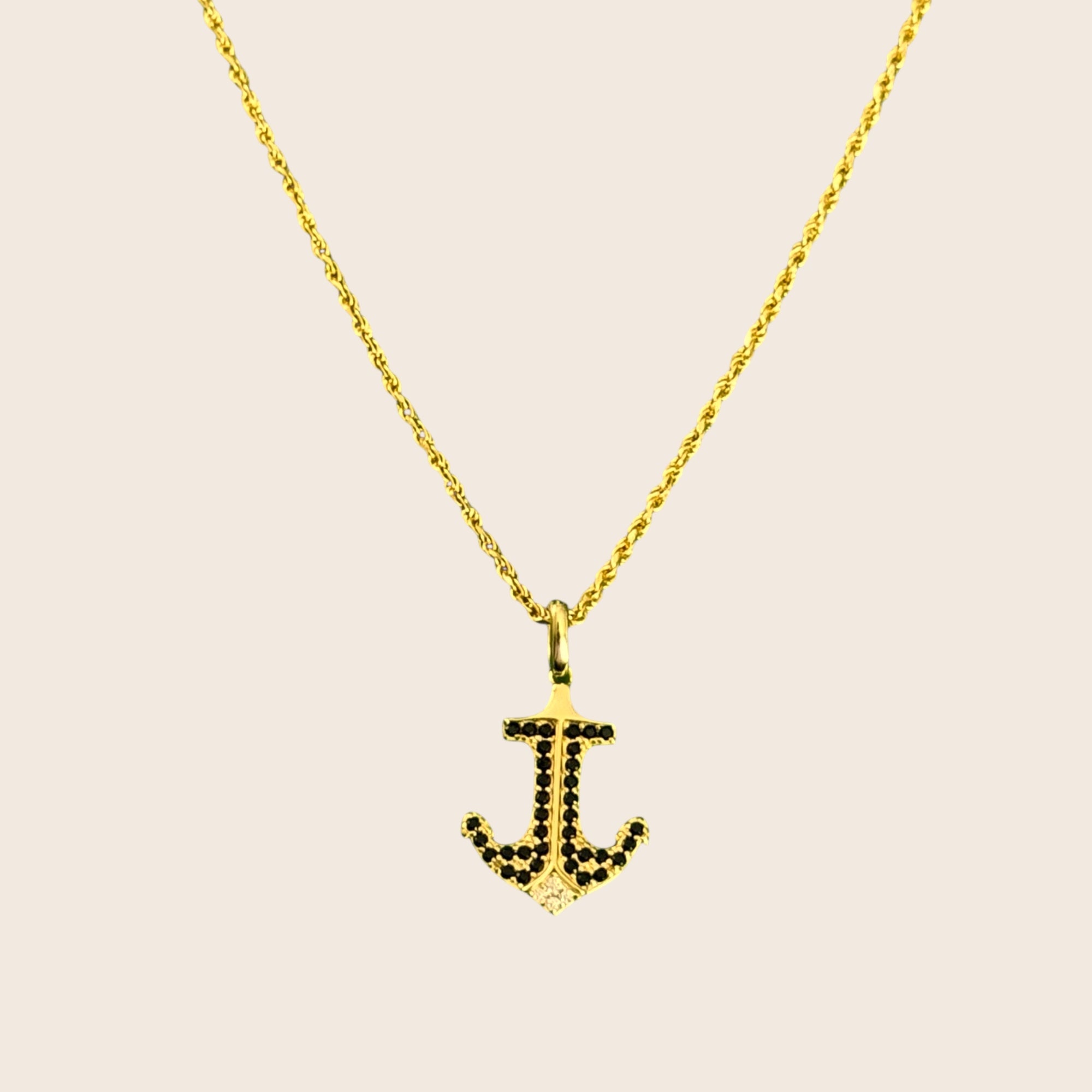 Men's anchor necklace Travel-Lover diamond cut with zirconia & black stones – 925 silver, 18K gold-plated, unisex
