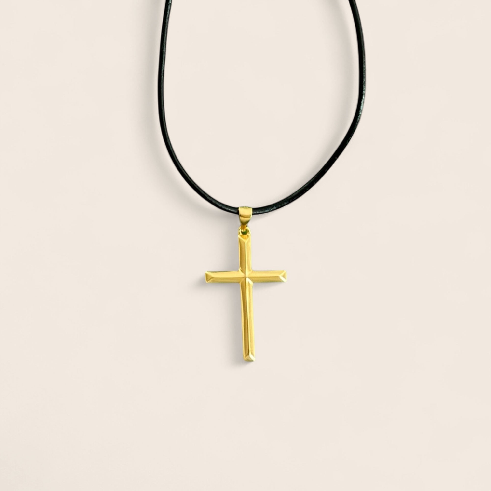 Men's leather necklace with solid cross pendant – 925 silver, 18K gold-plated, unisex