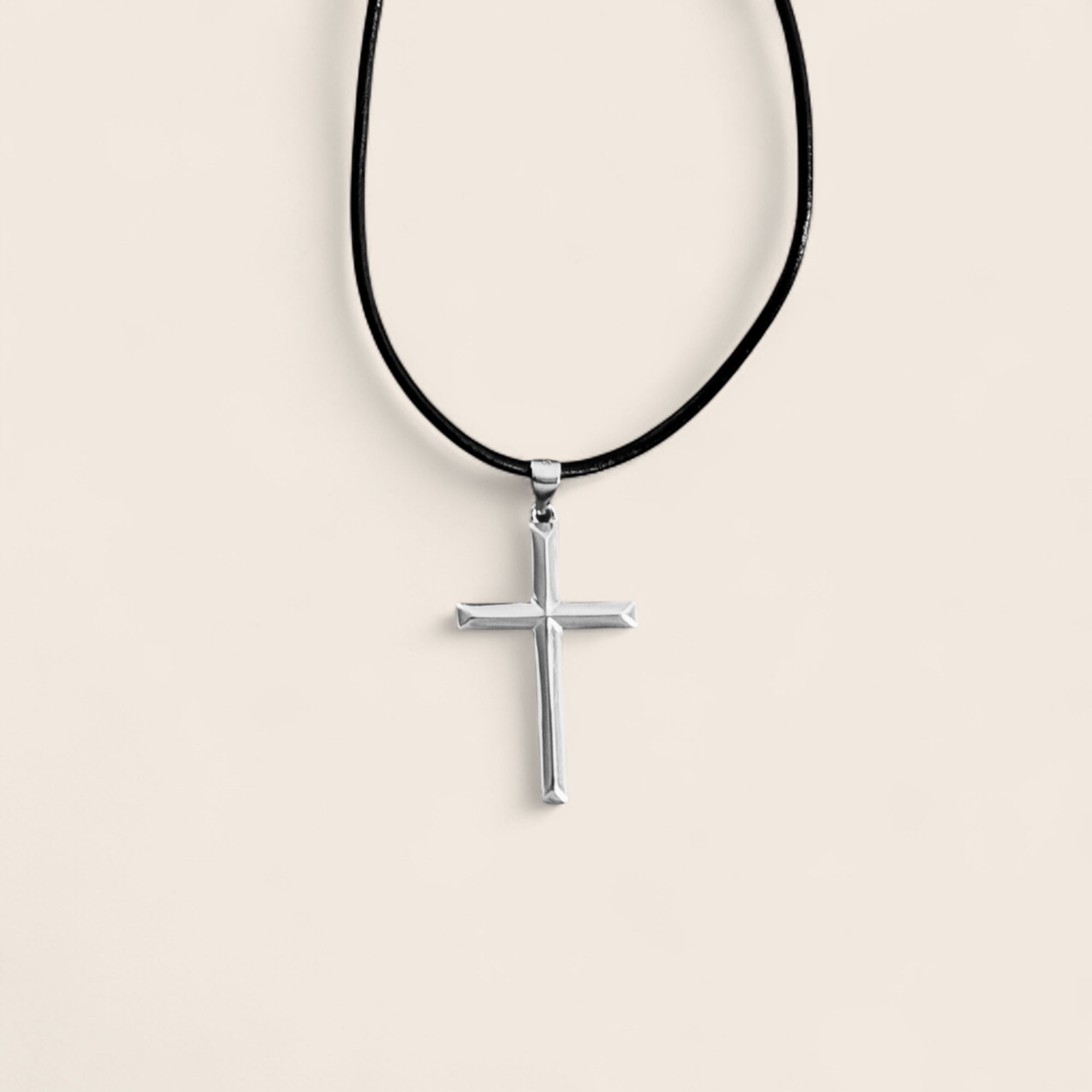 Men's leather necklace with solid cross pendant – 925 silver, 18K gold-plated, unisex