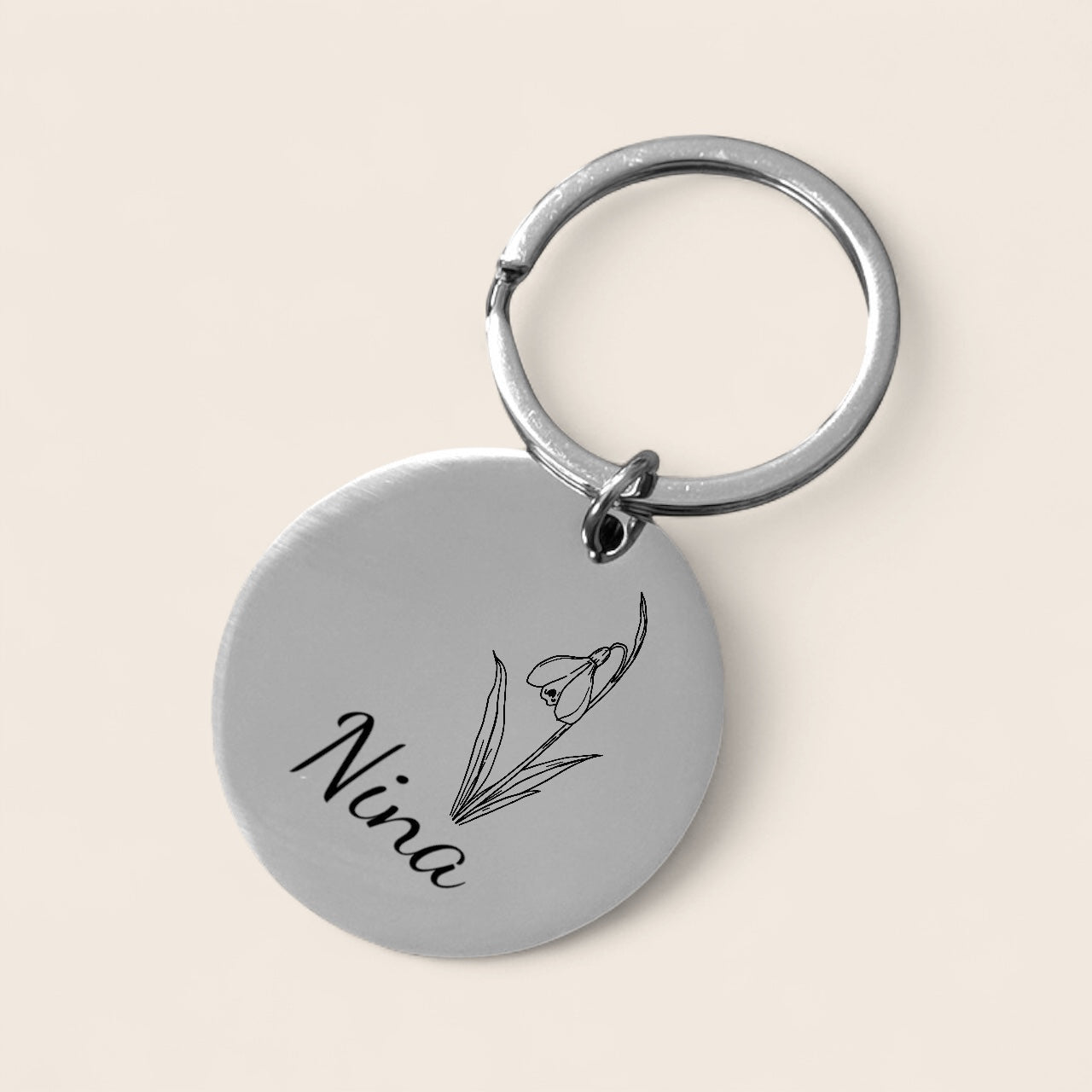 Personalized round stainless steel keychain with engraving – dog breed symbol and name, guardian angel, your name and birth flower – your desired text