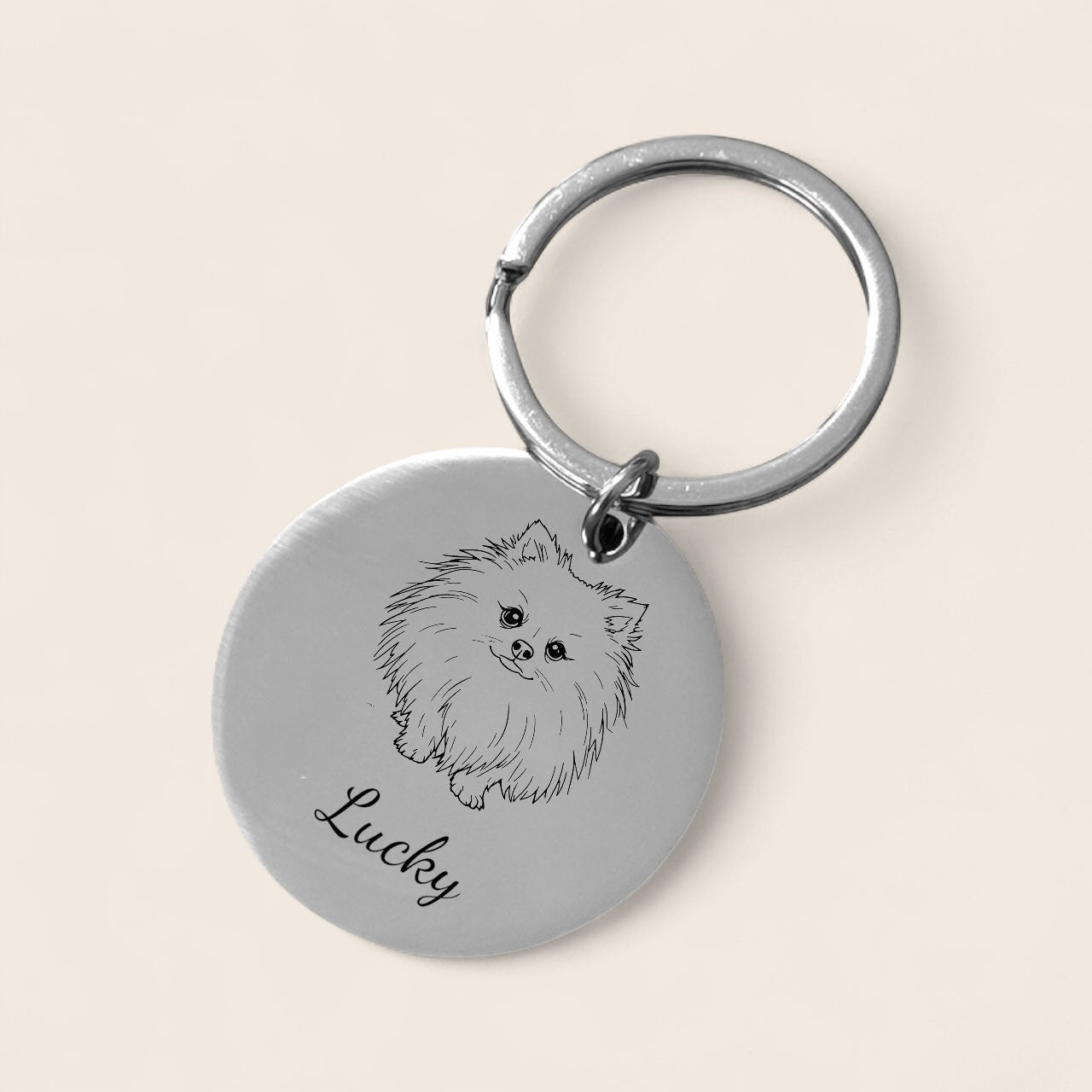 Personalized round stainless steel keychain with engraving – dog breed symbol and name, guardian angel, your name and birth flower – your desired text