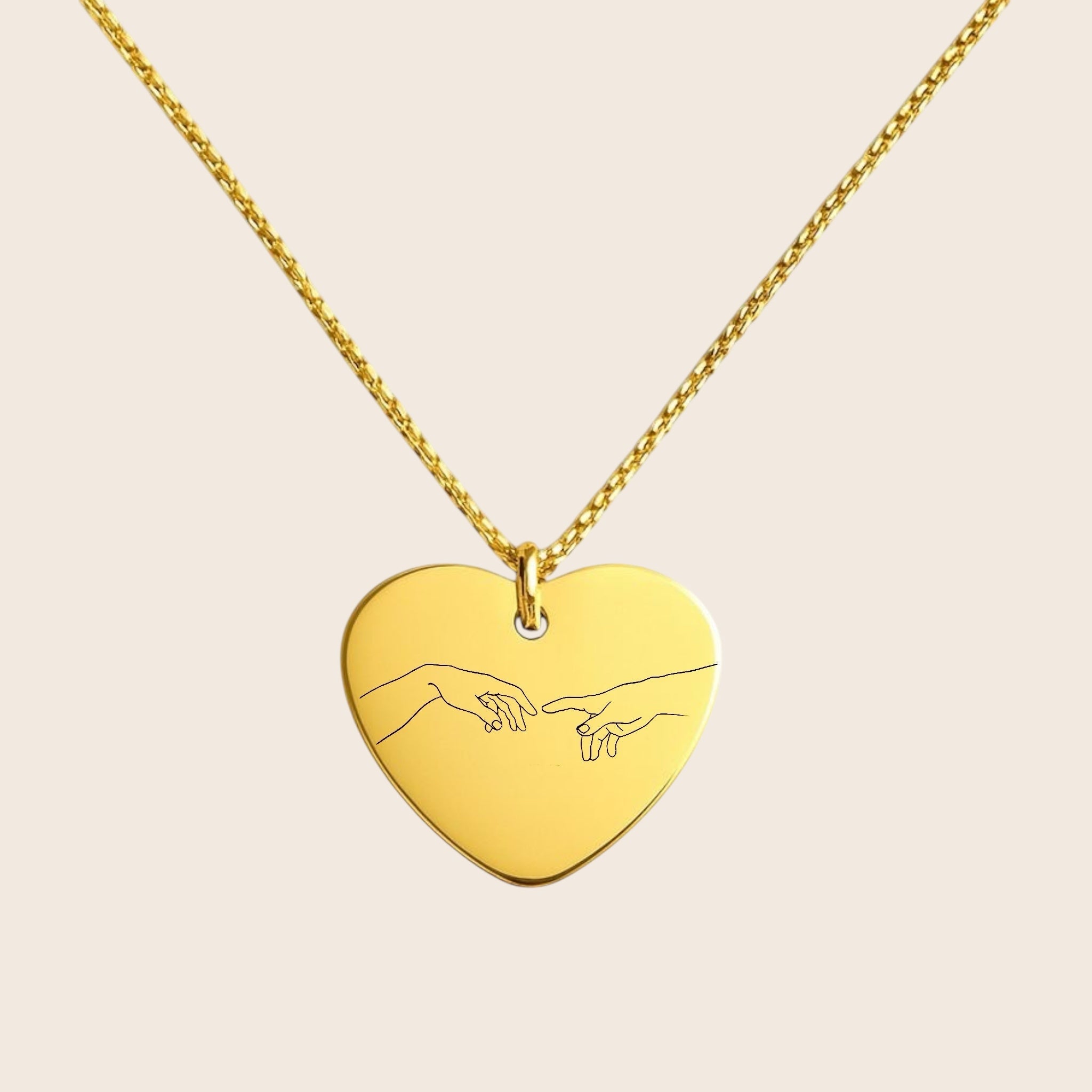 Personalized Michelangelo - The Creation of Adam - Almost Touching Fingers - Engraved Heart-Shaped Necklace – 925 Silver 18K Gold Plated