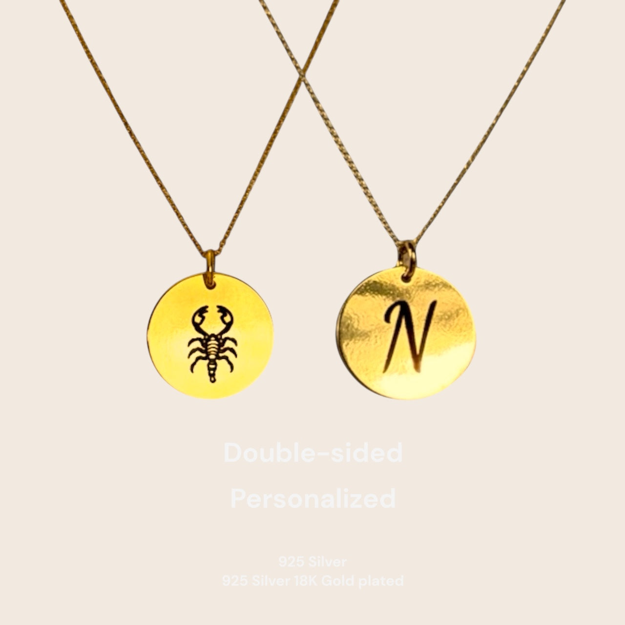 Personalized double-sided necklace – Engraved zodiac sign &amp; initial necklace made of 925 silver 18K gold-plated