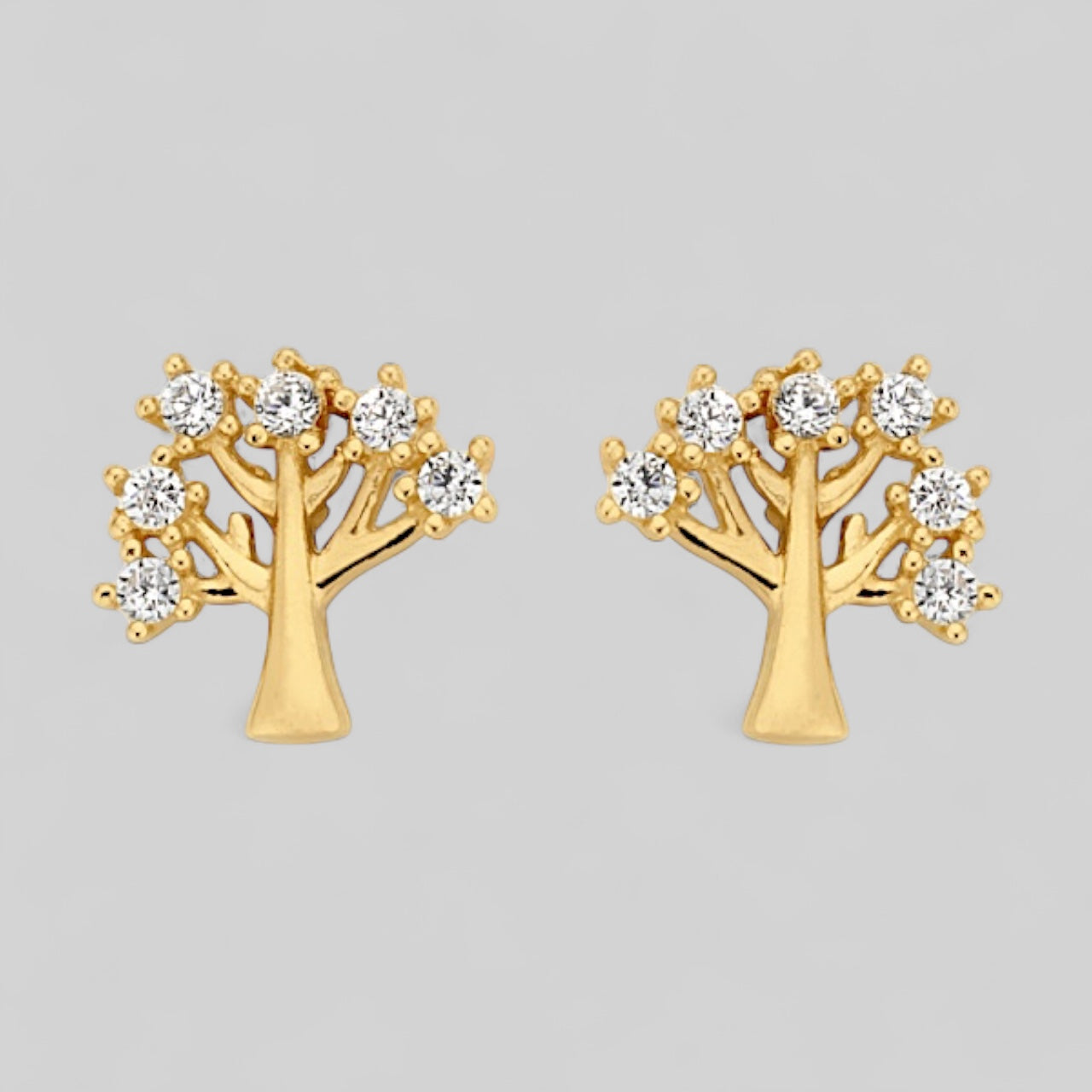 585 Gold Lebensbaum Ohrstecker mit 12 Zirkonia - kreative Ohrringe