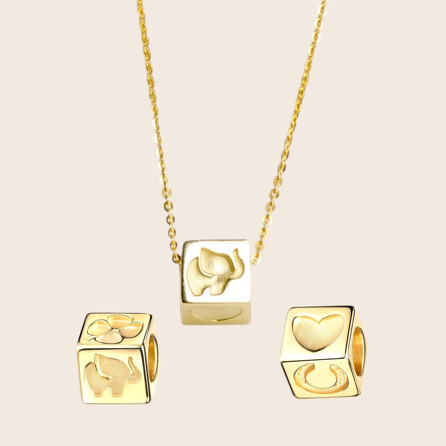 Halskette mit Würfel-Anhänger und Glückssymbolen aus 925 Silber 14k vergoldet