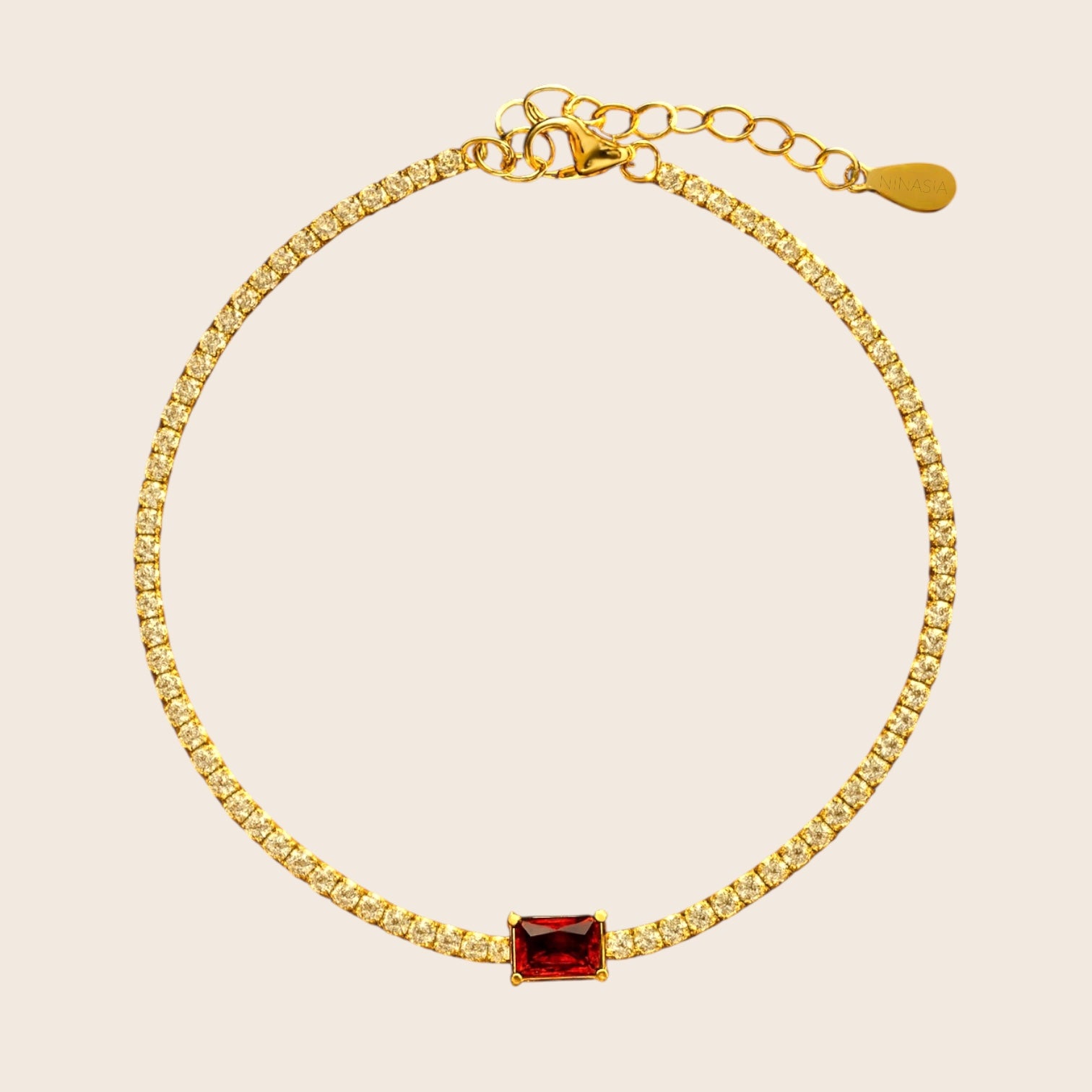 RUBY – funkelndes Armband mit weißen Zirkonias und zentralem weinrotem Highlight, aus 925 Silber 18K vergoldet