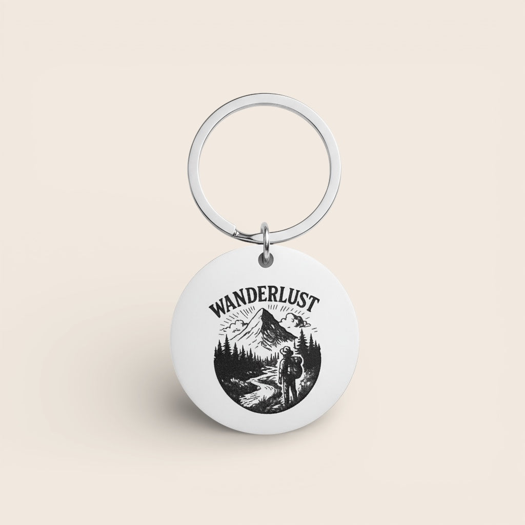 Personalisierter Schlüsselanhänger rund aus Edelstahl mit Gravur – Wanderlust