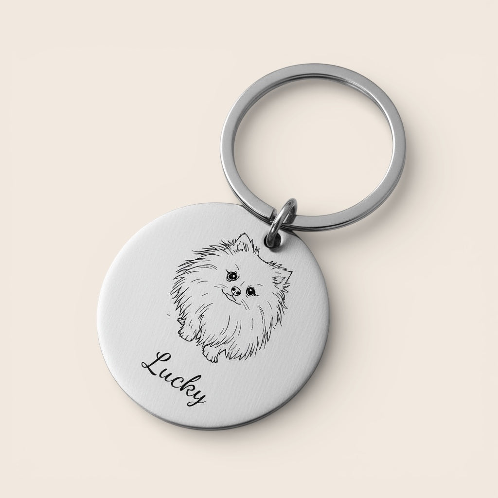 Personalisierter Schlüsselanhänger rund aus Edelstahl mit Gravur – Hunderasse-Symbol und Name, Schutzengel, dein Name und Geburtsblume – Dein Wunschtext