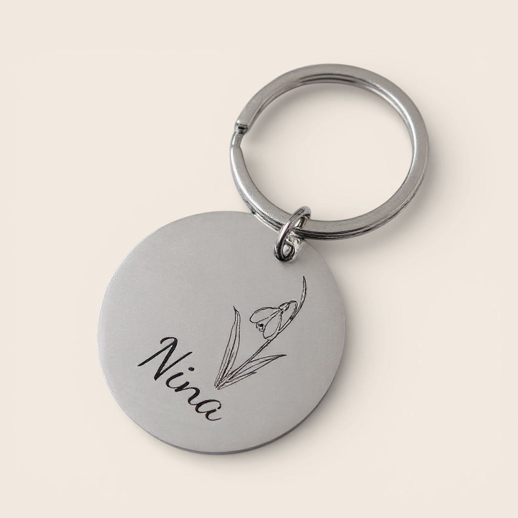 Personalisierter Schlüsselanhänger rund aus Edelstahl mit Gravur – Hunderasse-Symbol und Name, Schutzengel, dein Name und Geburtsblume – Dein Wunschtext