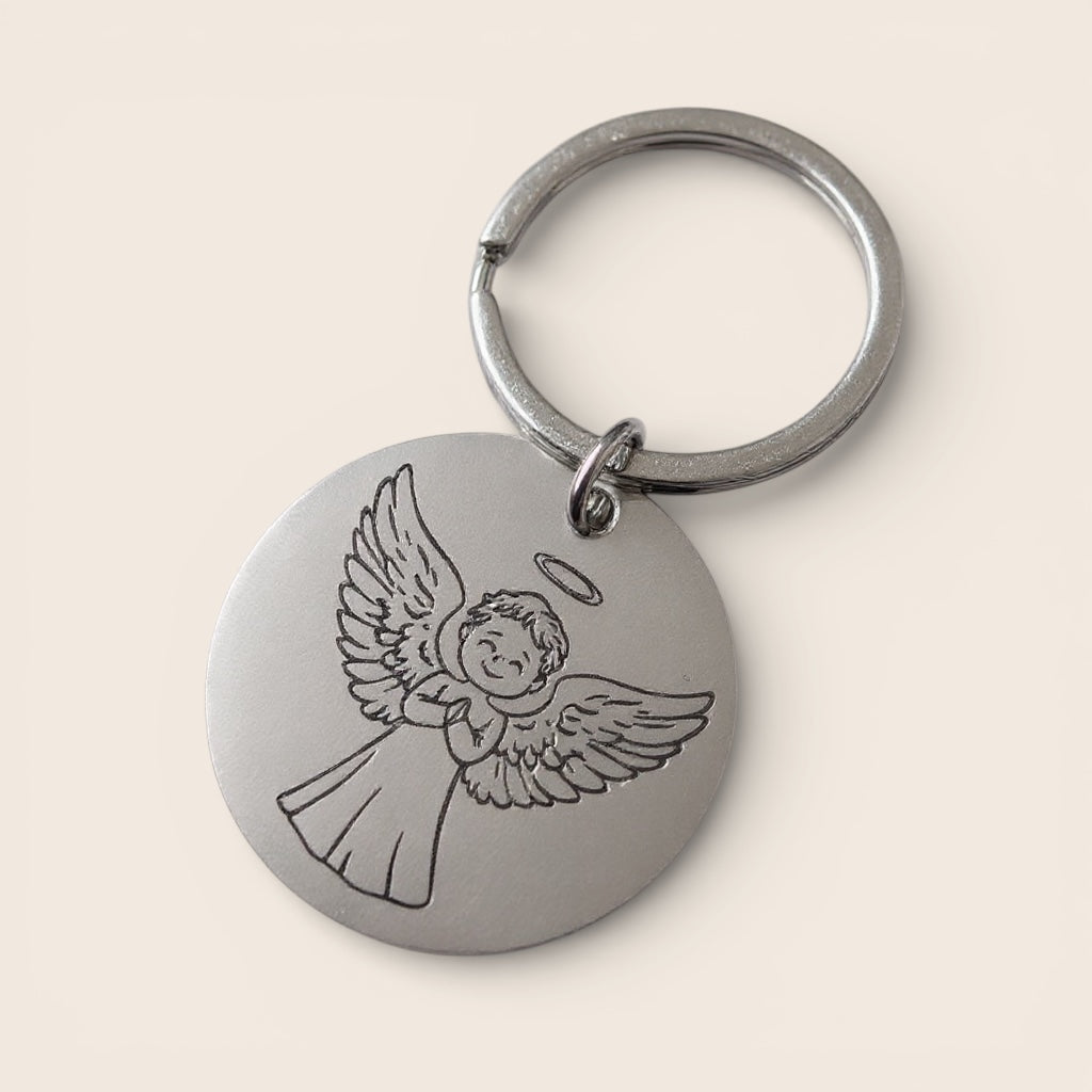 Personalisierter Schlüsselanhänger rund aus Edelstahl mit Gravur – Hunderasse-Symbol und Name, Schutzengel, dein Name und Geburtsblume – Dein Wunschtext