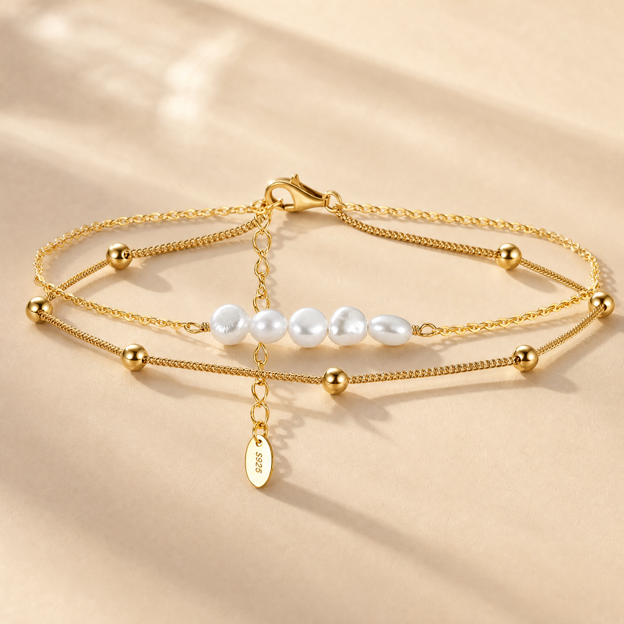Fußkette mit Kugel-Design und echten Süßwasserperlen – 925 Silber oder 14K vergoldetes 925 Silber