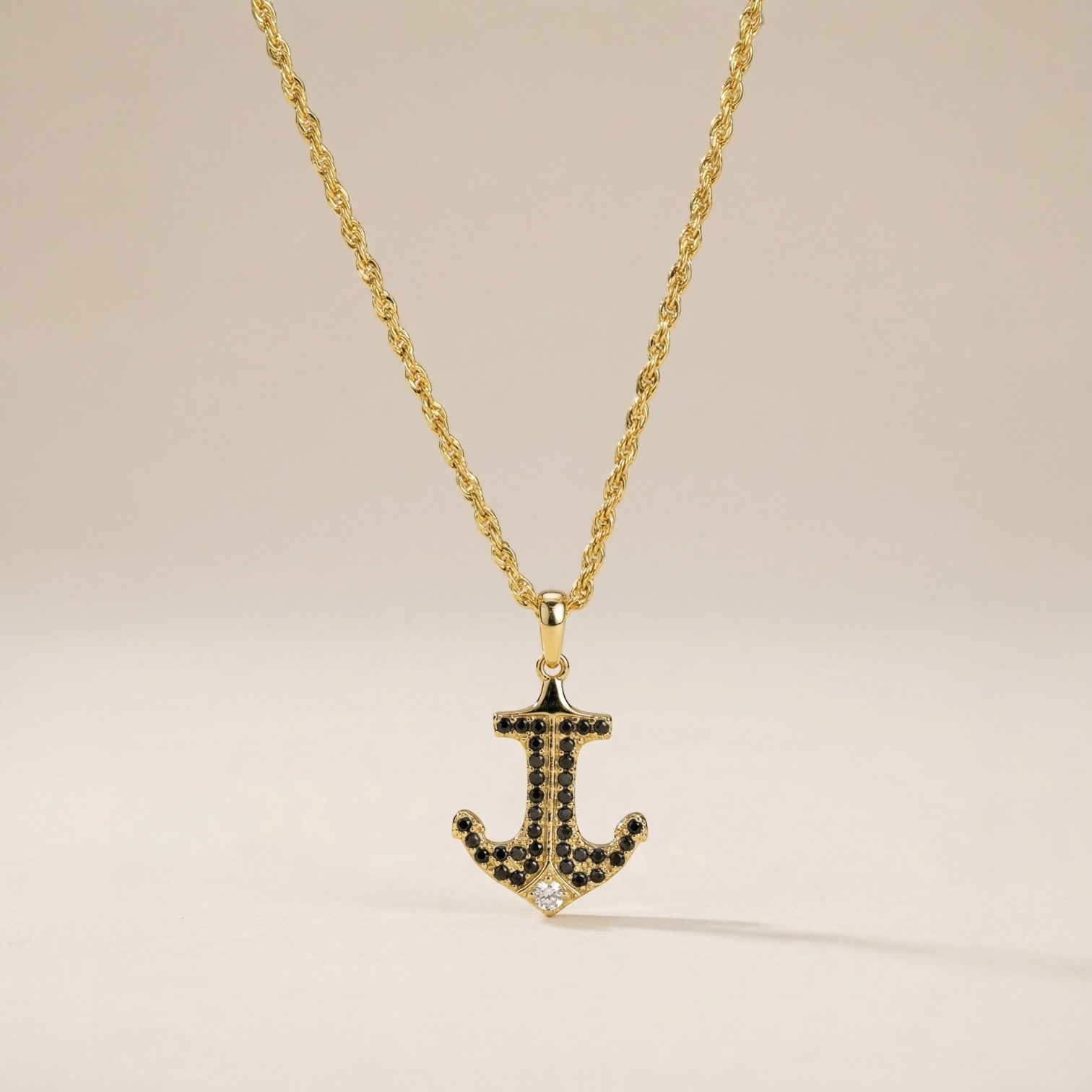 Herren Anker-Halskette Travel-Lover Diamantenschliff mit Zirkonia & schwarzen Steinen – 925 Silber, 18K vergoldet, Unisex