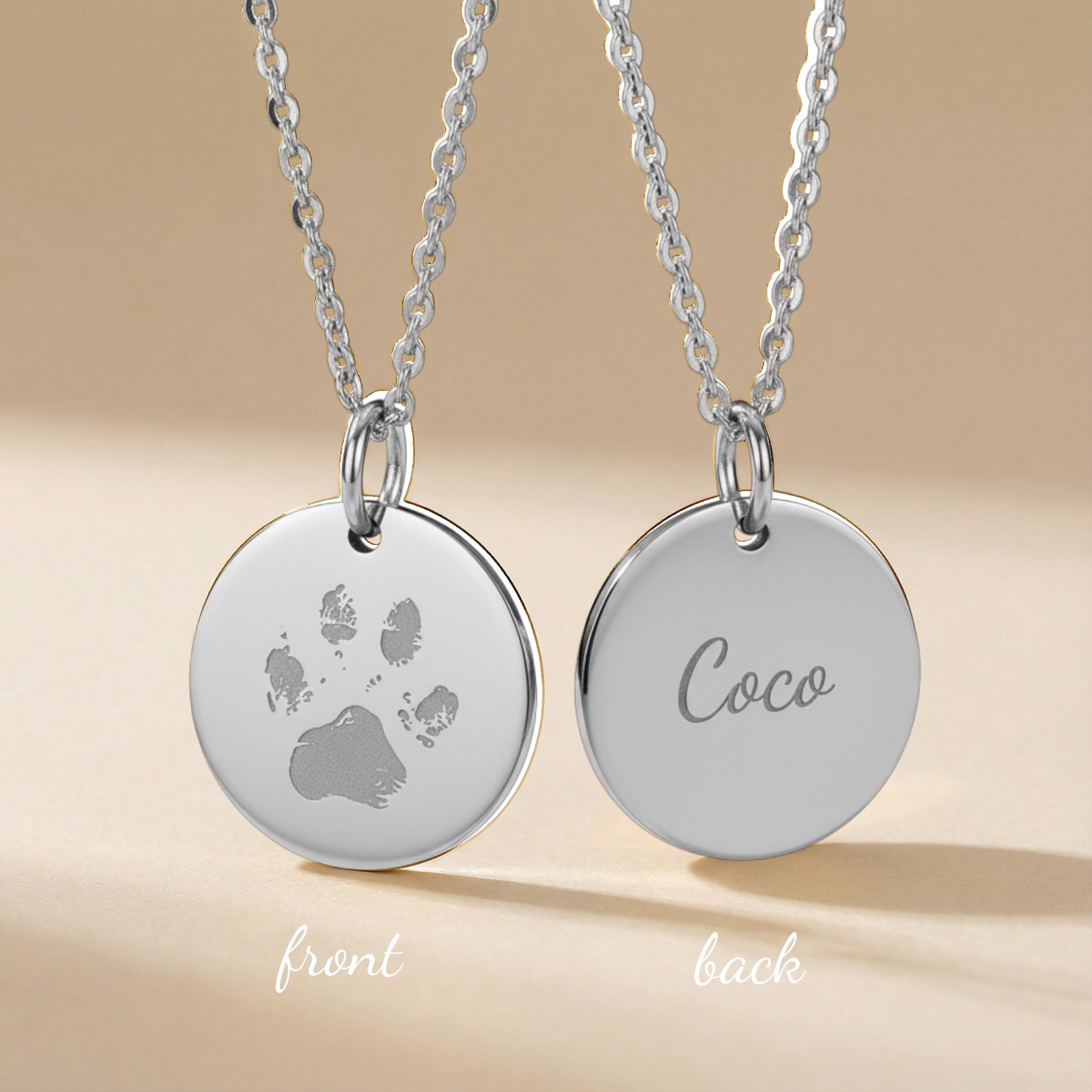 Personalisierte Pfotenabdruck-Coin-Halskette für Hund oder Katze aus 925 Silber oder Silber vergoldet