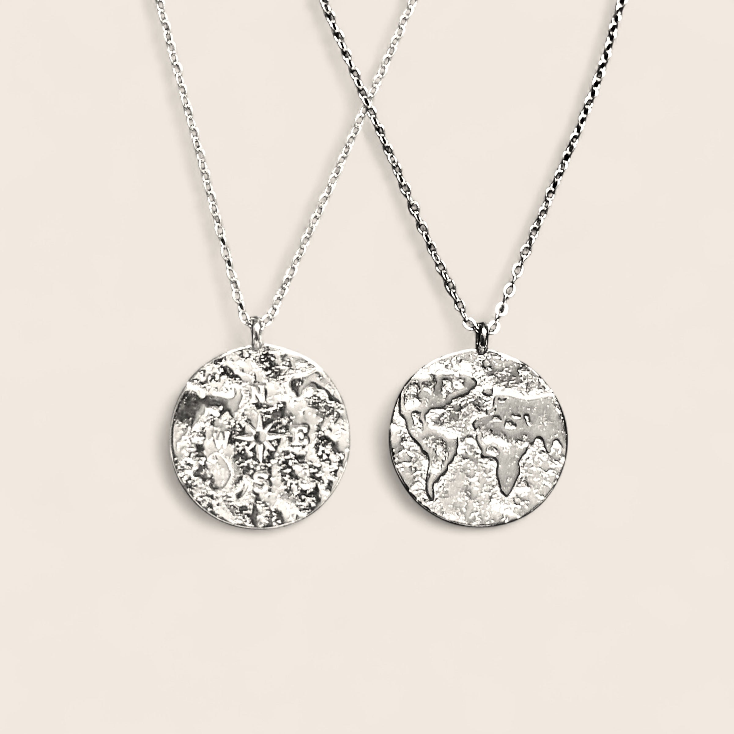 Round World Engraved Coins Two-Sided Travel-Lover Necklace 925 Silver 18K Gold Plated